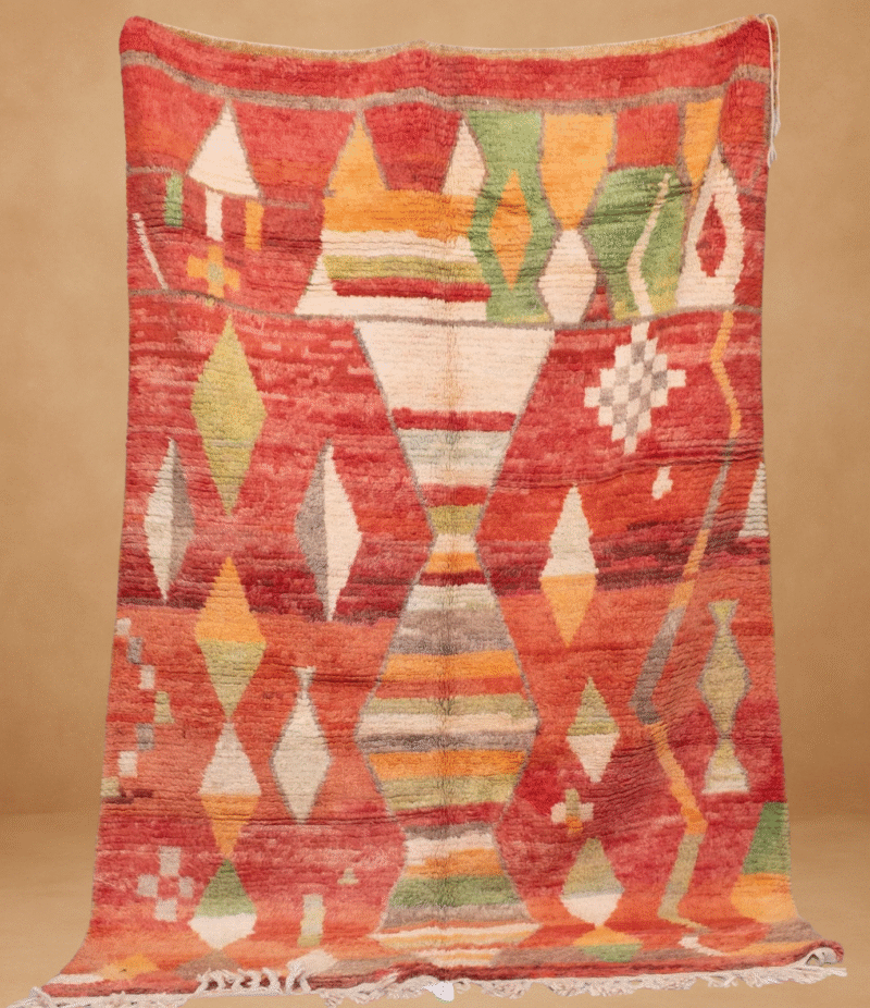 Moroccan Berber rug with vibrant geometric patterns on a red background, featuring diamonds, triangles, and abstract shapes in shades of green, yellow, orange, and white. Displayed vertically with white fringes at the bottom against a neutral beige backdrop.