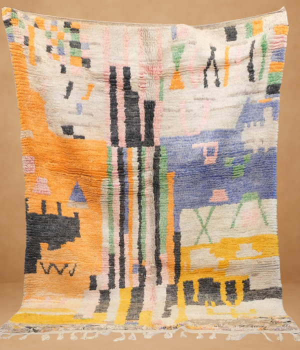 Artistic Boujad rug with vibrant yellow, orange, and blue tones