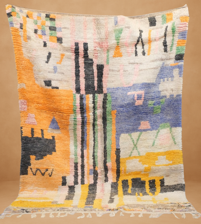 Artistic Boujad rug with vibrant yellow, orange, and blue tones