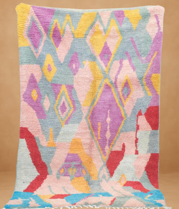 Enchanting Boujad rug with vibrant pastel tones and abstract patterns,