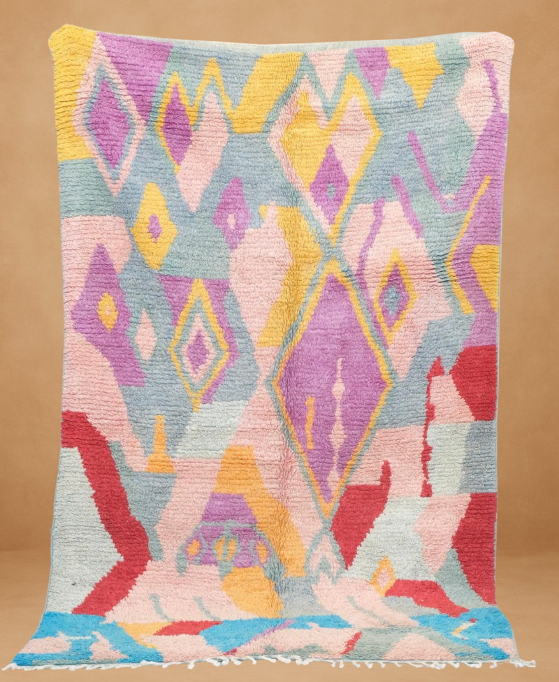 Enchanting Boujad rug with vibrant pastel tones and abstract patterns,