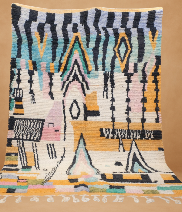 Bright Boujad rug featuring vivid tribal motifs in yellow, black, and pastel tones.