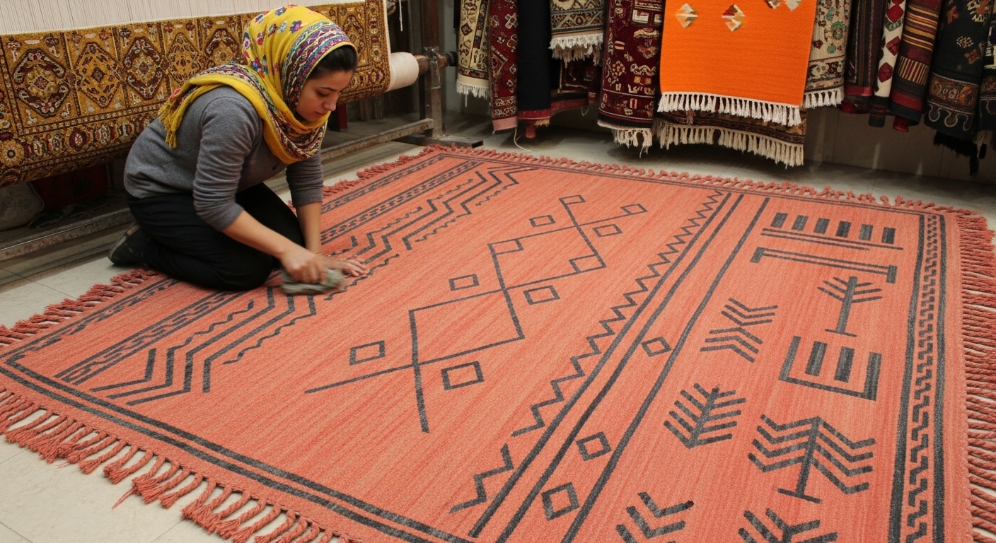 Close-up of a Moroccan woman spot-cleaning a handwoven Berber rug with geometric black patterns on a reddish-orange background.